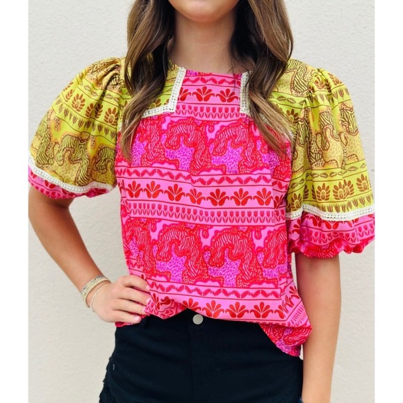 THML Tops - THML Adeline Animal Print Top Pink Yellow Tiger Floral Puff Sleeve Blouse S